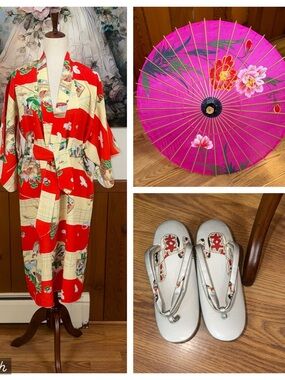 Gorgeous Vintage Authentic Japanese Kimono with Zori Sandals & Parasol